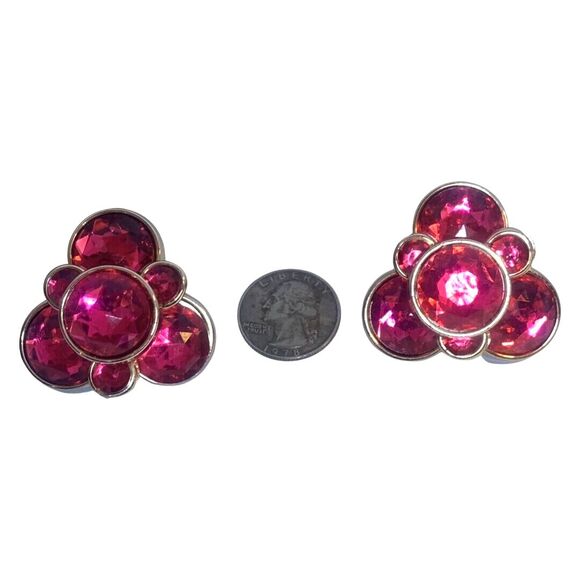 Hot Pink Large Statement Earrings 1.5" Rhinestone Clip On Pop Art Bold - Picture 6 of 14